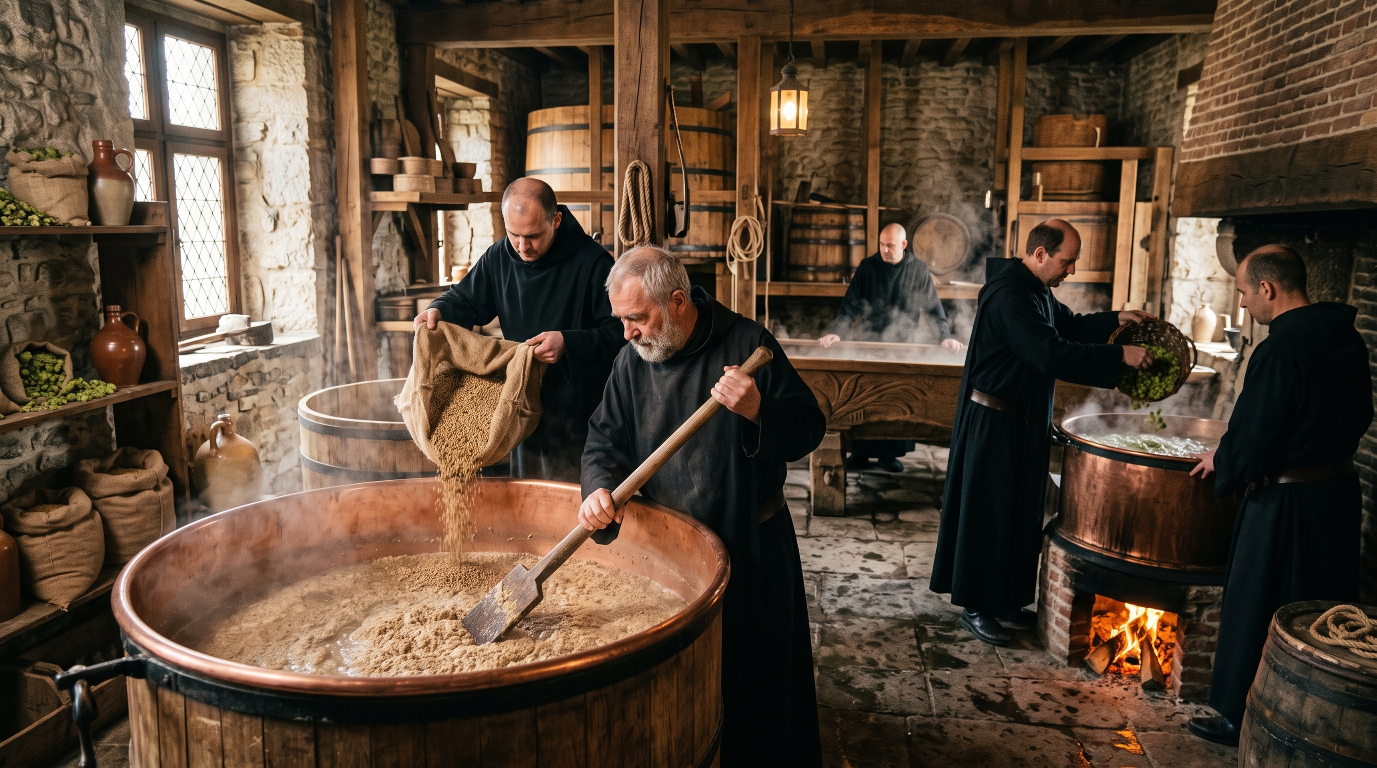 Monjes elaborando cerveza artesanal en calderas de cobre tradicionales